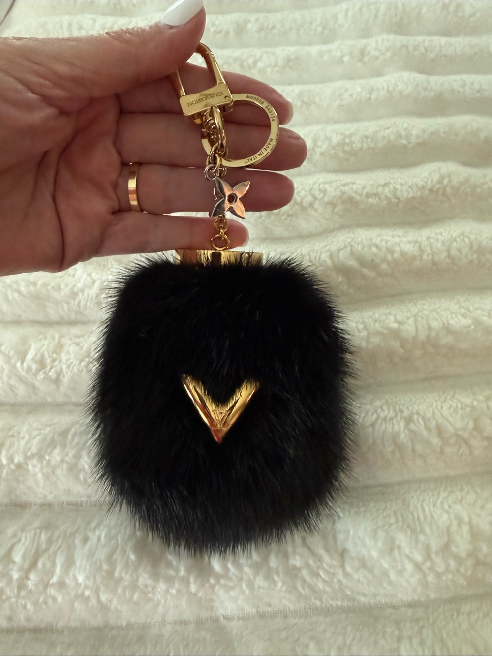 Louis Vuitton Gold V Accent Black Fur Keychain Bag Charm